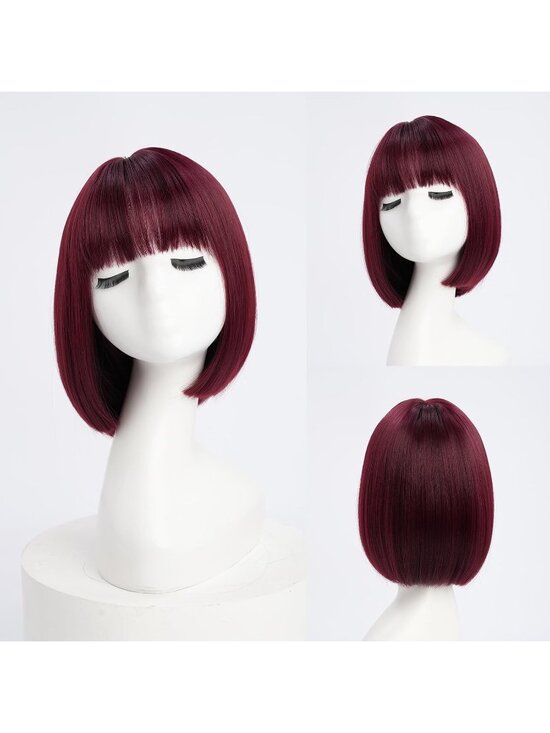 Women Wine Red Heat Resistant Synthetic Straight Ombre Bob Wig Bangs 10 Inch main image 6